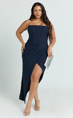 Daniella Maxi Dress - Strapless Corset Draped Asymmetrical Dress in Navy