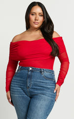 Jaythen Bodysuit - Long Sleeve Off Shoulder Ruched Mesh Bodysuit in Red