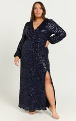 Mariella Midi Dress - Sequin Long Sleeve Thigh Split Dress in Navy