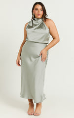 Minnie Midi Dress - Drape Neck Satin Slip Dress in Sage