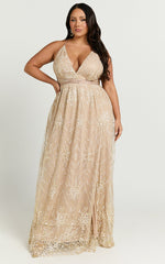 New York Nights Maxi Dress - Sequin Plunge Cross Back Dress in Gold