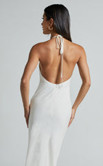 Cyrena Maxi Dress - Linen Halter Neck Sleeveless Slip Dress in Off White