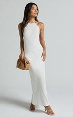 Cyrena Maxi Dress - Linen Halter Neck Sleeveless Slip Dress in Off White