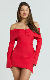 Cyrus Mini Dress - Off Shoulder Long Sleeve Fit And Flare Dress in Cherry