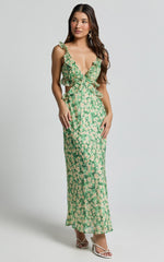 Dahlia Midi Dress - Ruffle Details Slip Dress in Green Floral