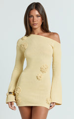 Daisy Mini Dress - Tipped Shoulder 3D Floral Knit Dress in Lemon