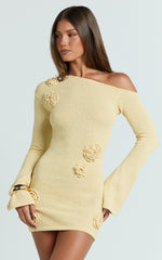 Daisy Mini Dress - Tipped Shoulder 3D Floral Knit Dress in Lemon