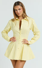 Dale Mini Dress - Power Shoulder Collared Button Down Fit And Flare Dress in Lemon