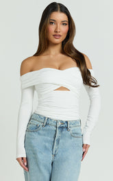 Dana Top - Off Shoulder Long Sleeve Ruched Fitted Top in White