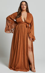 Dangerous Woman Maxi Dress - Plunge Thigh Split Dress in Rust