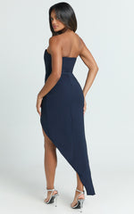 Daniella Maxi Dress - Strapless Corset Draped Asymmetrical Dress in Navy