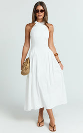 Danielle Midi Dress - Halter Neck Fit And Flare Dress in Off White