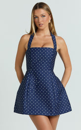 Dante Mini Dress - Halter Neck Tie Tulip Skirt Dress in Navy Polka Dot