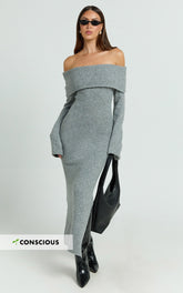 Darcie Midi Dress - Off Shoulder Knitted Long Sleeve Dress in Grey Marle
