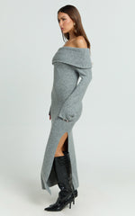 Darcie Midi Dress - Off Shoulder Knitted Long Sleeve Dress in Grey Marle