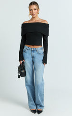 Darcie Top - Off Shoulder Long Sleeve Knitted Top in Black