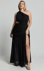 Darcy Maxi Dress - One Shoulder Side Cut Out Gathered Dress in Black