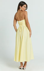 Daria Midi Dress - Strapless Corset Gathered Dress in Lemon
