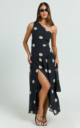 Darlynne Midi Dress - One Shoulder Dress in Black Polkadot