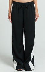 Davi Pants - Drawstring Waist Contrast Panel Tailored Pants in Black