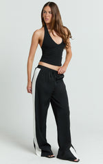 Davi Pants - Drawstring Waist Contrast Panel Tailored Pants in Black