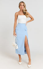 Davie Midi Skirt - High Waist Split Front Skirt in Ice Blue