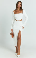 Davie Midi Skirt - High Waist Split Front Skirt in White