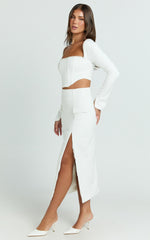 Davie Midi Skirt - High Waist Split Front Skirt in White