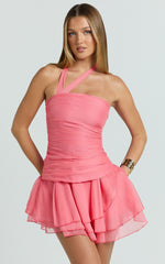 Deanna Mini Dress - Crinkle Halter Neck Asymmetric Tiered Dress in Coral