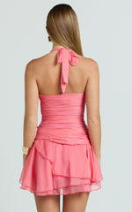 Deanna Mini Dress - Crinkle Halter Neck Asymmetric Tiered Dress in Coral