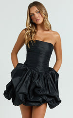Deb Mini Dress - Ruched Strapless Bubble Hem Dress in Black