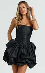 Deb Mini Dress - Ruched Strapless Bubble Hem Dress in Black