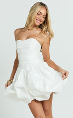 Deb Mini Dress - Ruched Strapless Bubble Hem Dress in Off White
