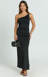 Debbie Maxi Dress - One Shoulder Hardware Detail Dress in Black