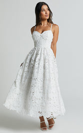 Deborah Midi Dress - Strappy Sweetheart Neck Corset Lace Dress in White