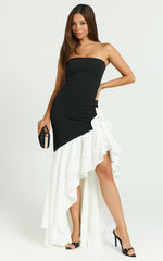 Deeyah Maxi Dress - Strapless Ruffle Detail Dress in Black & White