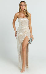 Delilah Maxi Dress - Sequin Strapless High Leg Split Fitted Dress in Gold