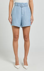 Delilah Shorts - High Waist Belted A Line Tweed Shorts in Blue