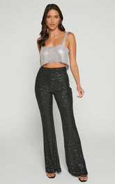 Deliza Pants - Mid Waisted Sequin Flare Pants in Black