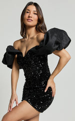 Delphine Mini Dress - Off Shoulder Sequin Bodycon Dress in Black