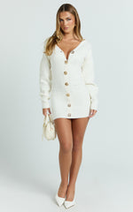 Demelza Mini Dress - Knit Button Down Blouson Cardigan Mini Dress in Cream