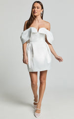 Demelza Mini Dress - V Bar Off Shoulder Satin Dress in Ivory