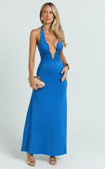 Denise Maxi Dress - Halter U Ruched Neck Cut Out Jersey Dress in Blue