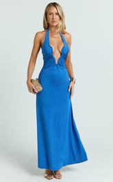 Denise Maxi Dress - Halter U Ruched Neck Cut Out Jersey Dress in Blue