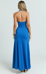 Denise Maxi Dress - Halter U Ruched Neck Cut Out Jersey Dress in Blue