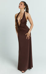 Denise Maxi Dress - Halter U Ruched Neck Cut Out Jersey Dress in Chocolate
