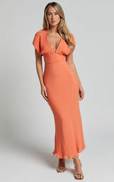 Desiree Midi Dress - V Neck Flutter Short Sleeve Slip Dress in Orange