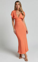Desiree Midi Dress - V Neck Flutter Short Sleeve Slip Dress in Orange