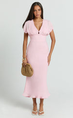 Desiree Midi Dress - V Neck Flutter Short Sleeve Slip Dress in Pink