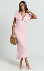 Desiree Midi Dress - V Neck Flutter Short Sleeve Slip Dress in Pink